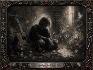 A solitary, bowed figure sits beside an acoustic guitar in a dim, dreamlike interior, surrounded by drifting petals, broken strings, faded notes, and ghostly smoke. Deep charcoal blacks and ash-gray textures create a weary, reflective mood, softened by pale window light. An ornate black, chrome, gold, and red music-themed frame encloses the scene.