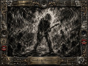 A frantic guitarist stands amid a storm of charcoal scratches, smoky silhouettes, and jagged sound waves, creating a claustrophobic atmosphere of raw energy and release. Deep blacks, ash grays, and pale highlights dominate, while distressed metal, gold filigree, speakers, wires, and vivid red lips form an elaborate grunge-inspired frame.