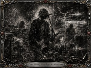 A shadowy guitarist and band emerge from a smoky charcoal concert scene, dissolving into radio waves, static, speakers, cables, and ghostly crowd silhouettes. Deep blacks, silvery grays, and scratched highlights create an abrasive, haunted mood, while a narrow chrome-and-gold music-themed frame with vivid red lips and an engraved title plate completes the composition.