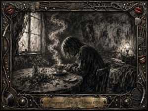 A weary figure sits hunched at a battered table in a dim, decaying room, contemplating a steaming cup beside wilted herbs. Deep feathered charcoal textures create a bleak, introspective mood, illuminated by pale window light. An ornate rock-themed metallic frame, red lips, guitar strings, and engraved brass title plate complete the haunting composition.