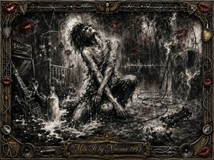 A gaunt, anguished figure crouches in a ruined rehearsal room, surrounded by spilled milk, broken guitars, tangled cables, speakers, smoke, and eerie nursery remnants. Feathered charcoal textures dominate in black, gray, and white, punctuated by vivid red lips and gold trim. An ornate grunge-metal frame completes the unsettling composition.