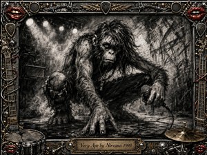 A feral ape-like performer crouches on a smoky grunge stage, gripping a microphone beneath harsh white spotlights. Deep feathered charcoal textures create a raw, confrontational mood in black, gray, and silver. An ornate chrome-and-gold rock frame, accented with red lips, strings, drums, cables, and rivets, surrounds the dramatic scene.