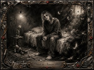 A solitary young figure sits barefoot on an unmade bed in a shadowy grunge room, surrounded by drifting feathers, a glowing bare bulb, a daisy, and scattered toys. Deep charcoal textures create a melancholic, dreamlike mood, while soft highlights and smoky blacks contrast with an ornate metallic music-themed frame accented by gold and red lips.