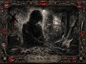 A shadowed, long-haired figure sits in a battered grunge interior beneath a harsh hanging light, surrounded by cracked glass, a distressed guitar, microphones, cables, roses, and scattered picks. Deep charcoal textures dominate, accented by vivid red and metallic gold. An ornate rock-themed frame intensifies the bleak, confrontational atmosphere.