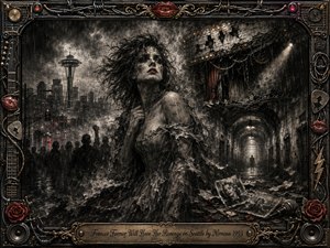 A defiant woman emerges from a rain-soaked, charcoal Seattle, framed by the Space Needle, shadowed crowds, a ruined theater, and an oppressive institutional corridor. Deep blacks, smoky grays, and selective crimson accents create a brooding, rebellious mood. Dramatic lighting, scattered photographs, roses, microphone debris, and an ornate rock-inspired metal frame intensify the haunting composition.