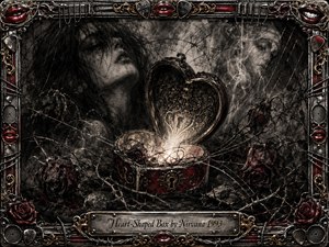 A glowing heart-shaped box anchors this dark, gothic charcoal scene, surrounded by wilted roses, thorny vines, tangled strings, and ghostly faces emerging from smoky shadows. Deep blacks and grays contrast with crimson accents and metallic gold details, while the ornate rock-inspired frame intensifies the haunting, romantic, emotionally trapped atmosphere.
