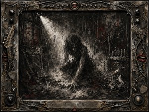 A hunched, shadowed figure emerges from a chaotic charcoal-streaked industrial room, surrounded by broken instruments, speakers, cables, and drifting smoke. Harsh white spotlighting cuts through deep blacks, ash grays, and bruised reds, creating a feral, claustrophobic mood. A distressed metallic frame of wire, hardware, gold accents, and red lips completes the grunge-inspired composition.
