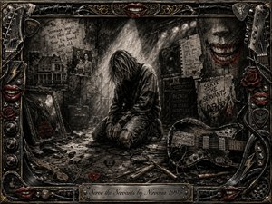 A bowed figure kneels amid a ruined, music-strewn room, surrounded by broken guitars, cables, photographs, graffiti, and ominous smiling lips. Deep charcoal blacks and smoky grays dominate, punctuated by vivid crimson and metallic gold. Harsh spotlights create theatrical shadows, while the ornate rock-inspired frame intensifies the mood of exhaustion, rebellion, memory, and disillusionment.