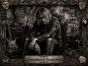 A brooding figure slumps in a shadowy rehearsal room surrounded by battered guitars, amplifiers, torn posters, cables, and smoky clutter. Deep charcoal blacks and ash-gray highlights create a harsh, distressed atmosphere. Feathered textures, scraped details, and dramatic low lighting intensify the alienation, while the ornate metal-and-gold grunge frame completes the composition.
