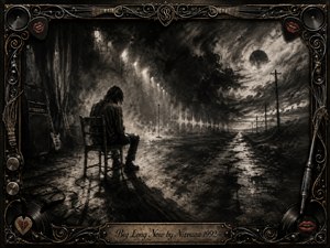 A solitary figure sits hunched on a chair where a dim stage dissolves into a desolate road beneath storm-heavy skies. Deep charcoal textures, smoky blacks, muted sepia, wet reflections, fading lights, and distant power poles create a brooding, suspended mood. An ornate music-themed metal frame surrounds the haunting, grunge-inspired composition.