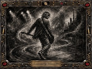 A lone guitarist twists mid-stride through a smoky industrial dreamscape, surrounded by swirling charcoal strokes that suggest motion and reversal. Harsh spotlights cut through silvery gray haze, revealing cables, amplifiers, and a microphone stand. An ornate black, chrome, and gold music-themed frame features red lips, guitar picks, records, and engraved detailing.