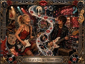 A vibrant retro rock fantasy unfolds in a neon-lit diner club, where a blonde guitarist sings beside a leather-clad bassist and drummer. A glowing S-shaped stream of bubbles, red lips, music, and romantic vignettes sweeps through the scene. Rich reds, black, chrome, gold, and teal shimmer within an ornate musical frame.