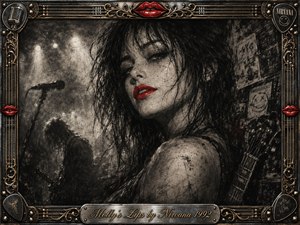 A sultry woman with vivid red lips dominates a smoky grunge-club scene rendered in deep feathered charcoal. Shadowy musicians, a microphone, guitar details, torn posters, and dim stage lights create raw underground energy. Ornate chrome-and-gold framing, guitar strings, picks, and red lip emblems surround the dramatic monochrome portrait.