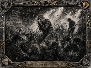 A chaotic grunge concert erupts inside a smoky school gym, with a hunched singer commanding the center as musicians and restless fans surge around him. Deep charcoal textures, dusty blacks, smoky grays, and muted gold accents create a raw, rebellious mood, framed by distressed metal, guitar hardware, rivets, picks, and an engraved title plate.