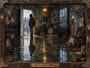 A solitary figure stands in a decaying rehearsal room flooded with reflective water, surrounded by battered instruments, peeling walls, tangled cables, and winter light. Muted blues, rust, black, and amber create a brooding grunge atmosphere. Painterly realism, distressed textures, warm bulb light, and a guitar-string frame deepen the melancholic, introspective mood.
