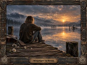 A solitary figure sits on a weathered lakeside dock, quietly facing misty mountains beneath a dramatic sunset. Warm gold reflections contrast with cool blue-gray water, clouds, and forest. A battered acoustic guitar, daisies, moss, and worn timber deepen the nostalgia. The richly textured scene blends cinematic realism with handcrafted grunge-era rock aesthetics.