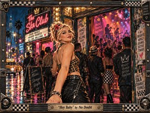 A confident blonde woman in punk-inspired fashion turns toward the viewer outside a neon-lit ska club, surrounded by a lively nighttime crowd. Rain-slick streets reflect pink, gold, and blue lights, while musicians perform inside. The richly detailed, hand-painted style blends urban glamour, playful rebellion, and energetic early-2000s nightlife.