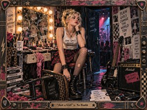 A defiant young woman sits in a cluttered backstage dressing room, surrounded by cracked mirrors, cosmetics, punk posters, a guitar, and amplifier gear. Warm vanity bulbs contrast with cool blue and pink stage light. Rich reds, blacks, creams, and metallic details create a rebellious, handcrafted mixed-media atmosphere framed with distressed musical hardware.