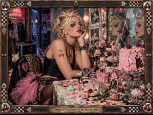 A weary punk-pop woman sits amid an extravagant dressing-room vanity overflowing with pink cakes, candies, cosmetics, pearls, and fading roses. Cracked mirrors fragment her reflection, blending glamour with unease. Saturated pink, teal, black, and chrome glow under warm bulbs, while checkerboard and cherry motifs frame the richly textured, decadent scene.