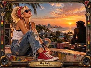 A blonde woman in sunglasses lounges on a graffiti-marked rooftop above a palm-lined coastal city, while a silhouetted man and turntable balance the scene. Golden sunset light, warm oranges, weathered textures, reggae-inspired accents, speakers, and a handcrafted metal-and-wood frame create a relaxed, rhythmic, nostalgic atmosphere.