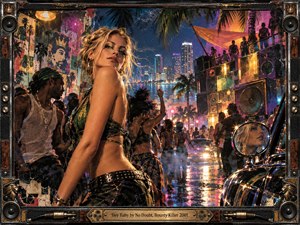 A glamorous blonde woman dominates a neon-lit waterfront street party, surrounded by dancers, towering speakers, palm trees, wet pavement, and a glowing city skyline. Saturated magenta, blue, amber, and green reflections create a seductive, energetic mood. Mixed-media textures, scratched poster effects, chrome reflections, and an ornate speaker-inspired frame reinforce the early-2000s club atmosphere.
