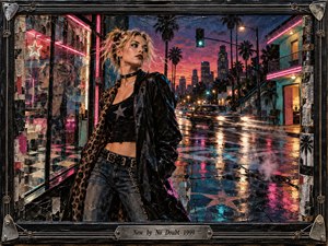 A windswept young woman stands against a neon-soaked city street at dusk, surrounded by wet pavement, glowing storefronts, palm silhouettes, and blurred traffic. Saturated pink, teal, amber, and midnight blue reflections create restless energy. Textured mixed-media surfaces, mirrored glass, rising steam, and metallic framing reinforce the songs edgy, transitional mood.
