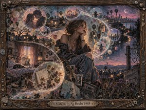A pensive young woman sits amid a dreamlike twilight landscape, surrounded by glowing memory bubbles, fractured reflections, flowers, a guitar, and scattered keepsakes. Mauve, teal, violet, and amber tones create a wistful 1990s mood, while soft cinematic light, layered mixed-media textures, and an ornate weathered frame deepen the nostalgic atmosphere.