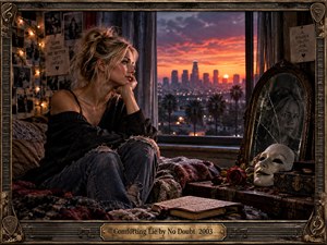 A contemplative woman sits beside a bedroom window overlooking a glowing city sunset, surrounded by warm string lights, worn textiles, and personal keepsakes. A cracked mirror, pale mask, wilted roses, and open journal deepen the uneasy mood. Rich amber and violet tones, cinematic lighting, and handcrafted framing create intimate melancholy.