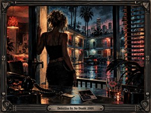 A woman stands in a dim motel doorway overlooking a rain-soaked courtyard, distant city lights, and a waiting car. Warm amber interiors contrast with cool blue night tones, creating a tense noir mood. Painterly textures, wet reflections, deep shadows, scattered clues, and a metal musical frame suggest suspicion, secrecy, and emotional pursuit.