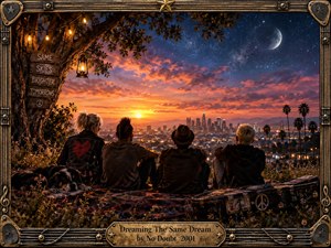 Four friends sit together on a hillside overlooking a glowing city as sunset fades into a star-filled night. Warm amber light contrasts with deep blue skies, creating a hopeful, reflective mood. A lantern-lit tree, resting dog, weathered guitar case, and ornate metallic frame enrich the cinematic, photorealistic composition with nostalgic detail.