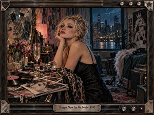 A defiant blonde woman leans at a cluttered vanity in a rain-soaked nighttime apartment, surrounded by wilted roses, vinyl records, cosmetics, scattered photographs, and a cracked mirror. Warm amber lamplight contrasts with cool blue city reflections, creating a bittersweet, rebellious mood. Textured painterly surfaces and a rugged musical frame complete the cinematic scene.