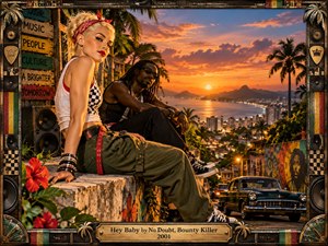 A platinum-haired woman and a dreadlocked man lounge above a tropical coastal city glowing at sunset, surrounded by palms, murals, speakers, and a vintage car. Warm orange light contrasts with deep greens, reds, and blacks, creating a playful, confident mood. The cinematic digital painting is framed with handcrafted musical and reggae-inspired details.