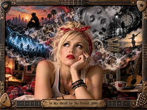 A contemplative blonde woman rests amid a dreamlike bedroom as memories, city skylines, concerts, clocks, photographs, and shadowy figures swirl around her. Warm reds and oranges contrast with cool blues and monochrome grays. Cinematic lighting, layered surrealism, textured details, and a guitar-inspired frame create an introspective, nostalgic atmosphere.