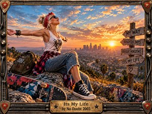A carefree woman sits on a graffiti-covered overlook above a glowing city at sunset, arms outstretched in confident freedom. Warm orange light contrasts with blue sky, rugged rocks, worn denim, and a colorful skateboard. A music-themed metal frame, wooden signpost, and engraved title plate complete the richly detailed cinematic composition.