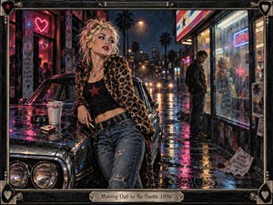 A blonde woman leans against a rain-slick vintage car on a neon-lit city street, radiating restless confidence and romantic uncertainty. Magenta, blue, and amber reflections shimmer across wet pavement while a distant man lingers near glowing storefront windows. Painterly textures, gritty details, and a guitar-inspired frame create a vivid late-night atmosphere.