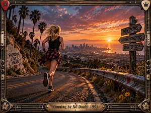 A blonde woman runs down a winding hillside road toward a glowing coastal city at sunset, framed by palm trees, wildflowers, and weathered signs promising new horizons. Warm orange light contrasts with deep blue shadows, creating hopeful momentum. The photorealistic scene is enclosed by an ornate, guitar-inspired metal frame.