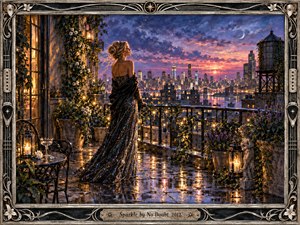 A solitary woman in a shimmering dark gown stands on a rain-wet rooftop terrace overlooking a glowing city at twilight. Violet, rose, and midnight-blue skies contrast with warm lanterns and reflected lights. Painterly textures, flowering vines, a crescent moon, and an ornate silver frame create a romantic, reflective, quietly resilient mood.