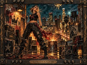 A defiant woman stands on a gritty nighttime rooftop, framed by amplifiers, cables, sparks, and a glowing city skyline. Warm orange firelight clashes with deep teal shadows, creating restless energy and urban tension. Thick mixed-media textures, distressed surfaces, metallic accents, and a rugged instrument-inspired frame give the scene a handcrafted rock aesthetic.