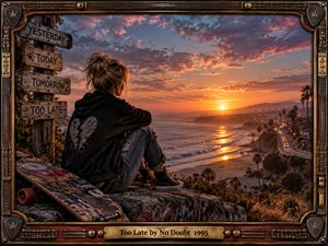 A solitary young woman sits beside a battered skateboard on a coastal overlook, watching a fiery sunset dissolve into the Pacific. Weathered time-signs heighten the reflective, bittersweet mood. Warm orange light contrasts with cool blue shadows, while palm-lined cliffs, winding traffic, textured clothing, and an ornate guitar-inspired frame create cinematic, handcrafted detail.