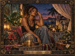A poised woman relaxes on a tropical rooftop terrace at twilight, surrounded by patterned textiles, lanterns, plants, a resting cat, and a turntable. Warm amber light contrasts with deep indigo skies and distant city reflections. Rich mixed-media textures, weathered surfaces, carved framing, and bronze details create an intimate, soulful, handcrafted atmosphere.