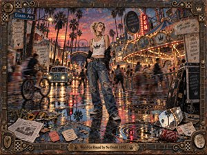 A solitary young woman stands calmly on a rain-slicked carnival street while blurred crowds, bicycles, lights, and a glowing carousel whirl around her. Teal, amber, coral, and violet reflections create a restless yet hopeful mood. Textured mixed-media brushwork, weathered signage, scattered flowers, tickets, and an ornate musical frame enrich the nostalgic 1990s atmosphere.