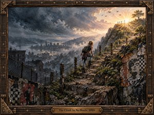 A lone woman climbs a rugged stone path above a misty, weathered city, moving from stormy blue-gray shadows toward a radiant golden sunrise. Textured oil-and-encaustic surfaces, torn posters, wildflowers, rusted fencing, and dramatic clouds create gritty resilience, while an ornate bronze, guitar-inspired frame reinforces the songs determined, hopeful mood.