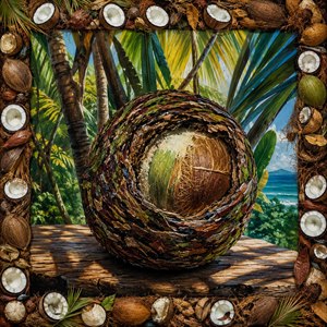A richly textured coconut still life glows in a lush tropical setting, surrounded by palm leaves, ocean light, and warm wooden shadows. The unordered coconut collage frame, filled with husks, shells, fibers, and leaves, adds organic depth, island character, and handcrafted charm to this vibrant scene.