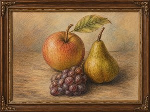 Celebrate a warm classic still life bursting with rich color, fine pencil texture, and timeless charm. The glowing apple, golden pear, and juicy grapes sit inside an ornate wood and gold frame, creating a gallery ready piece full of warmth, detail, and happy handmade beauty for any art collection today.