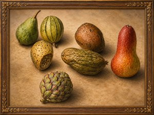 Celebrate a richly framed botanical still life bursting with rustic charm! Colorized fruits and seed pods glow with realistic texture, warm shadows, and antique gallery elegance. Carved wood and gold leaf details wrap the artwork beautifully, turning a sketch into a collectible display piece full of natural wonder and charm.