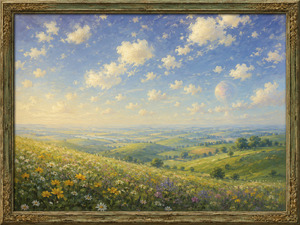 Rolling green hills and a bright wildflower meadow stretch beneath countless soft clouds drifting through a pale blue sky. Warm sunlight washes across the countryside while a faint celestial orb adds gentle surrealism. An aged green-and-gold frame gives this tranquil landscape the character of a treasured antique painting.