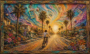 A lone cyclist travels toward a brilliant sunset through a dreamlike palm-lined neighborhood. Floating windows, swirling skies, vivid flowers, and glowing roads create an atmosphere of youthful freedom and restless imagination. Thick glued sawdust and layered paint give the entire scene a deeply textured, handcrafted relief finish.
