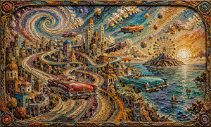 Vintage convertibles float above a fantastical coastal city where looping highways twist between towers, cliffs, and sparkling ocean water. A distant Ferris wheel and radiant sunset heighten the carefree excitement. Heavy sawdust texture, sculpted clouds, raised buildings, and an ornate multicolored frame create a vibrant mixed-media fantasy.
