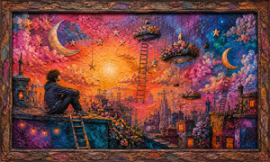 A thoughtful young dreamer sits above a glowing city as ladders rise toward floating gardens, crescent moons, stars, and suspended flower beds. Warm sunset colors gradually blend into deep cosmic blues. Thick painted sawdust creates expressive relief across the rooftops, clouds, flowers, and decorative antique-style frame.