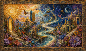 A luminous river of light winds through a magical city garden filled with glowing doorways, ascending staircases, butterflies, flowers, and celestial symbols. Golden daylight on one side transforms into a mysterious moonlit world on the other. Sawdust and layered paint produce an intricate, richly sculpted fantasy surface.